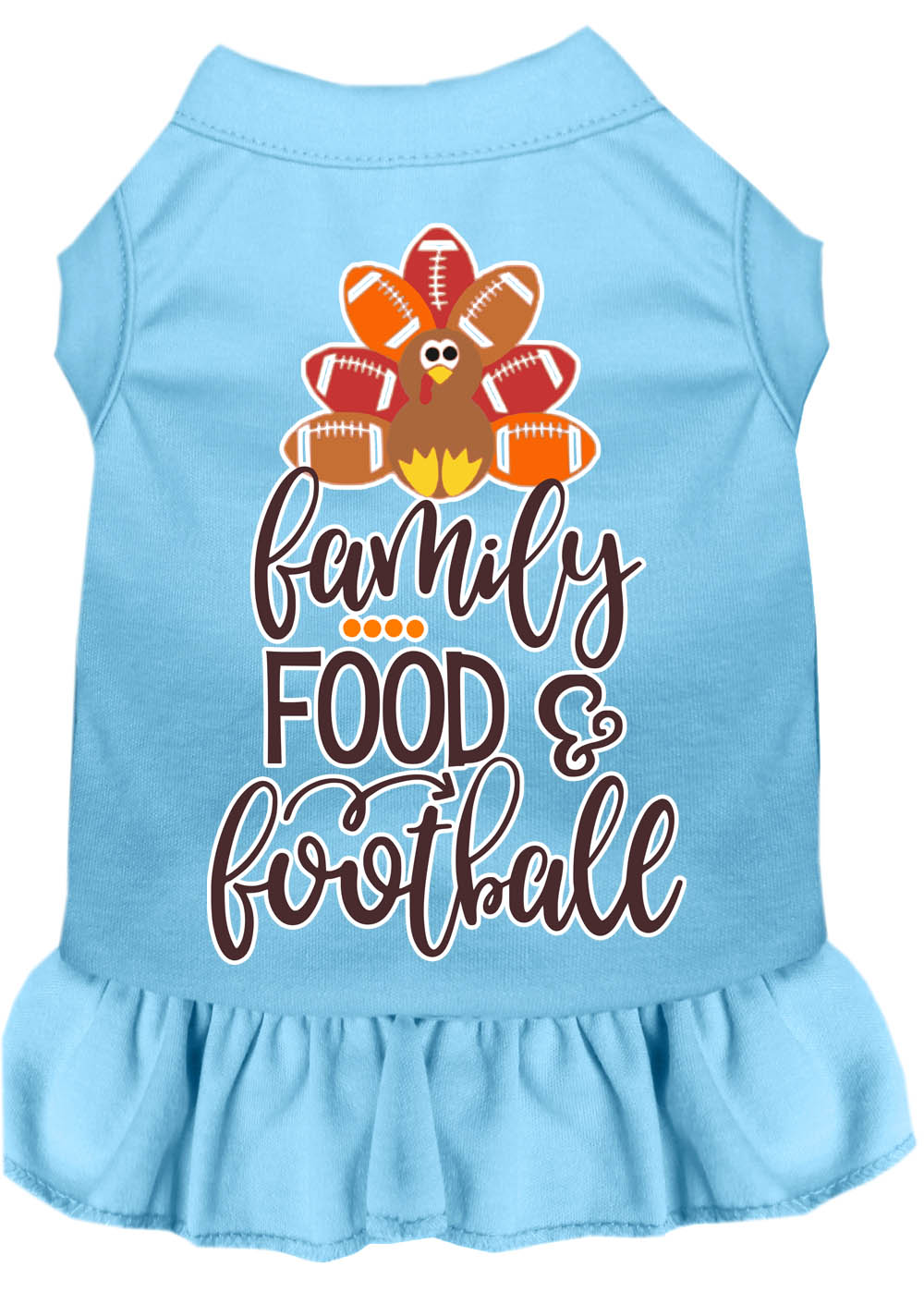 Family, Food, and Football Screen Print Dog Dress Baby Blue XL